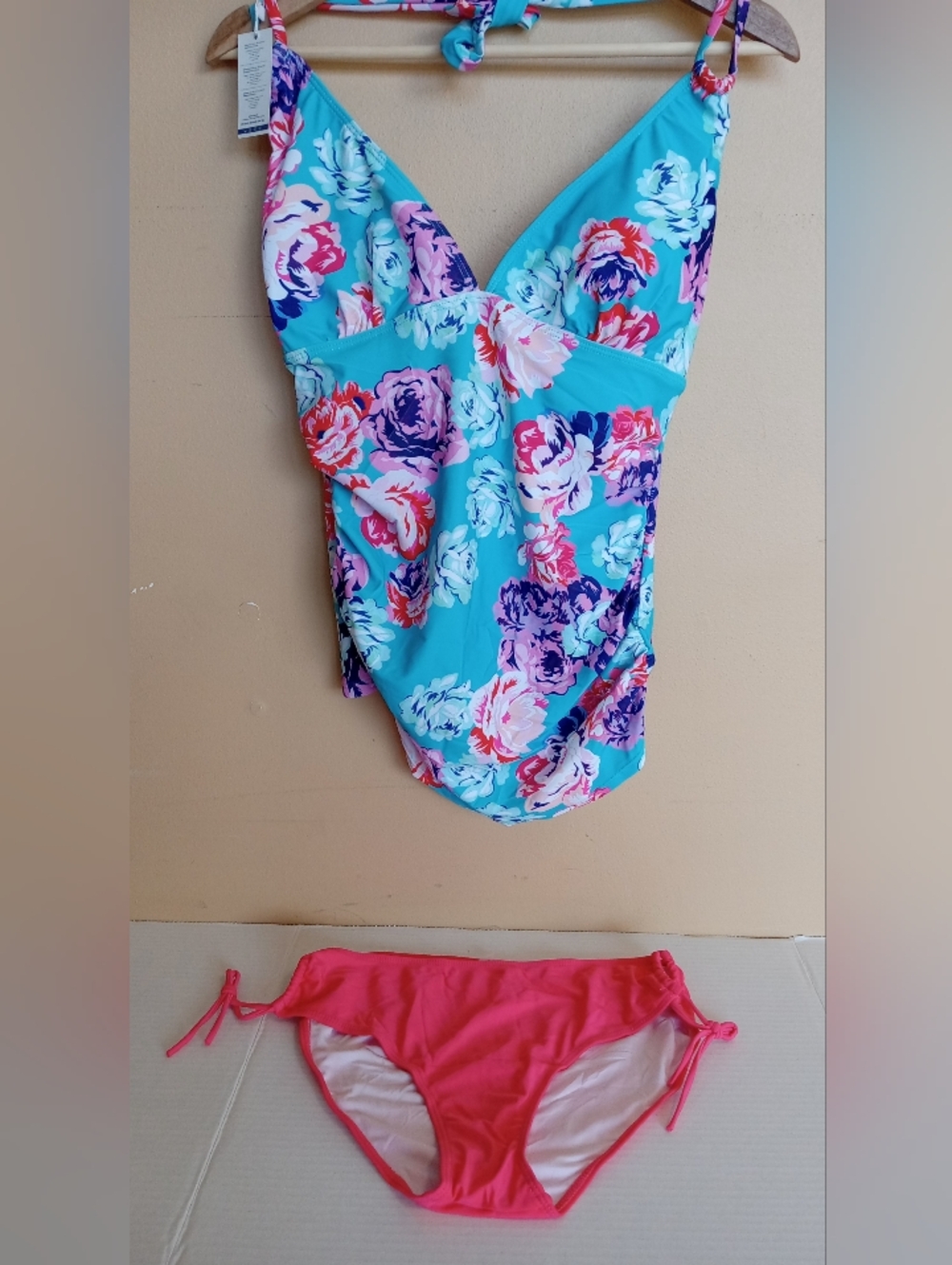 Turquoise Floral Two-Piece Swimsuit with Coral Tie-Side Bikini Bottom